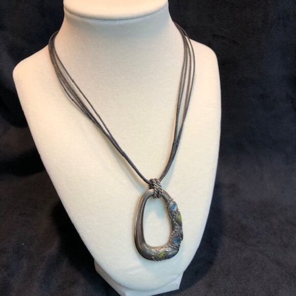 Chico's necklace - black leather with silver tone piece with blue and green. - Picture 1 of 3